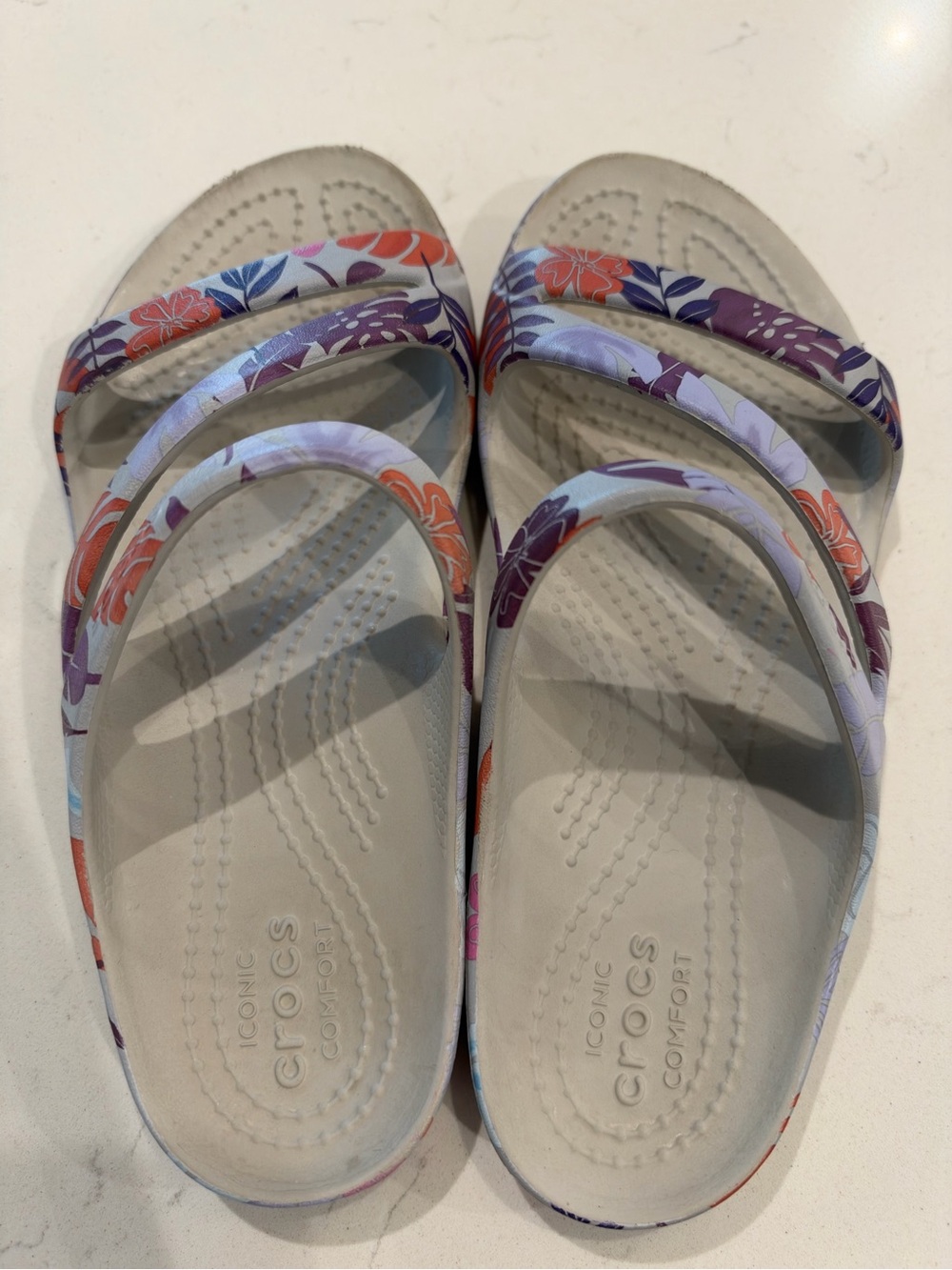 CROCS Kids Triple-Strap Floral Slide Sandals in Light Gray, Purple & Orange
